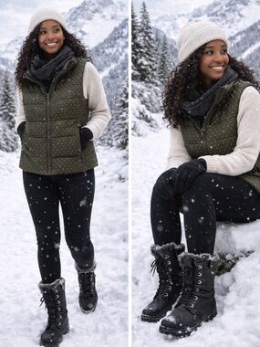 Olive Quilted Puffer Vest with Dot Print